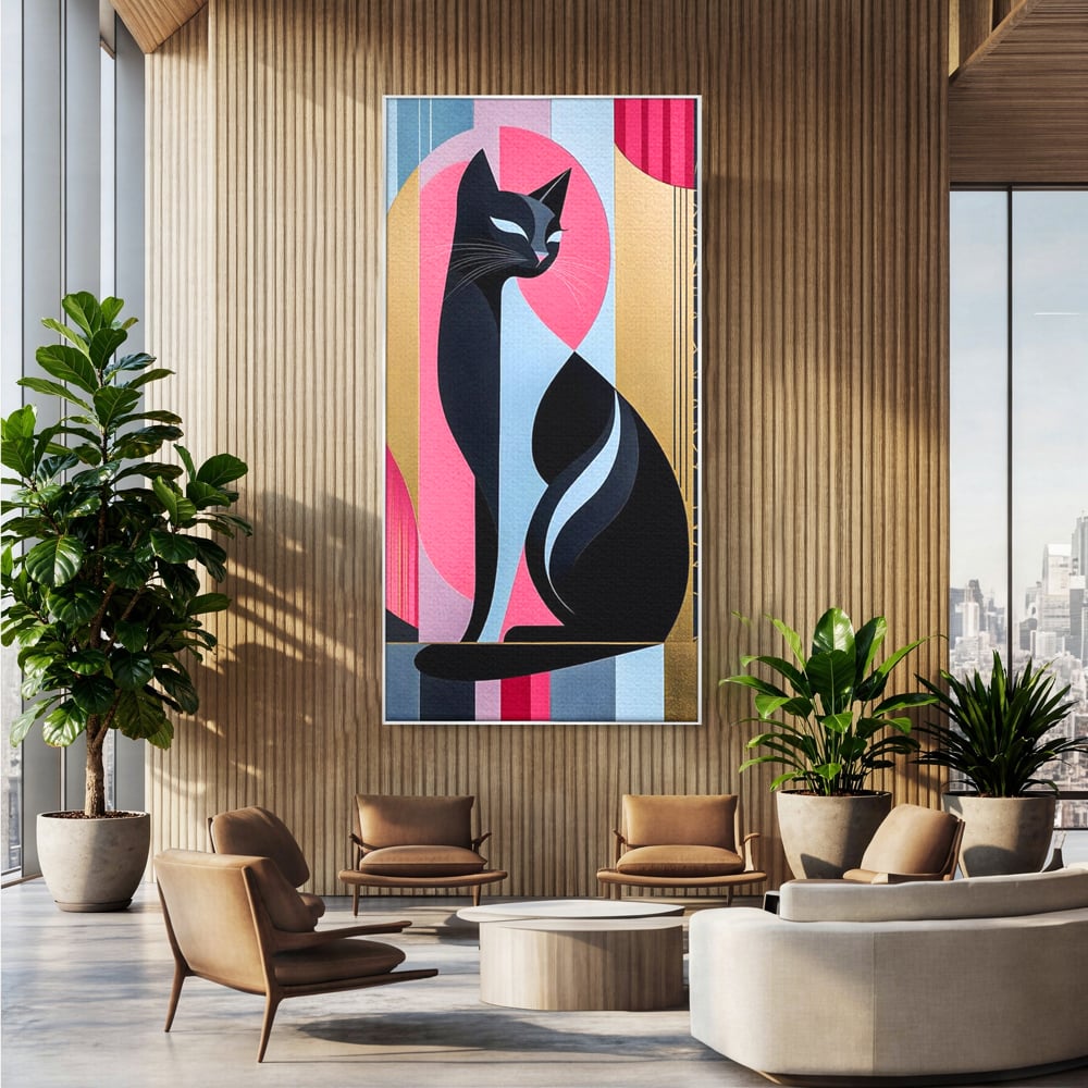 Tablou canvas cu tablou vertical cu silueta de pisica, in rama de aluminiu argintiu, pe perete intr-un birou